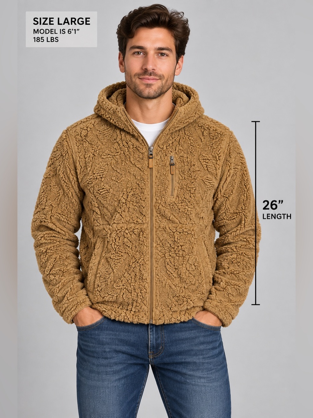 Men's Tan Sherpa Fleece Full-Zip Hoodie - Size Large